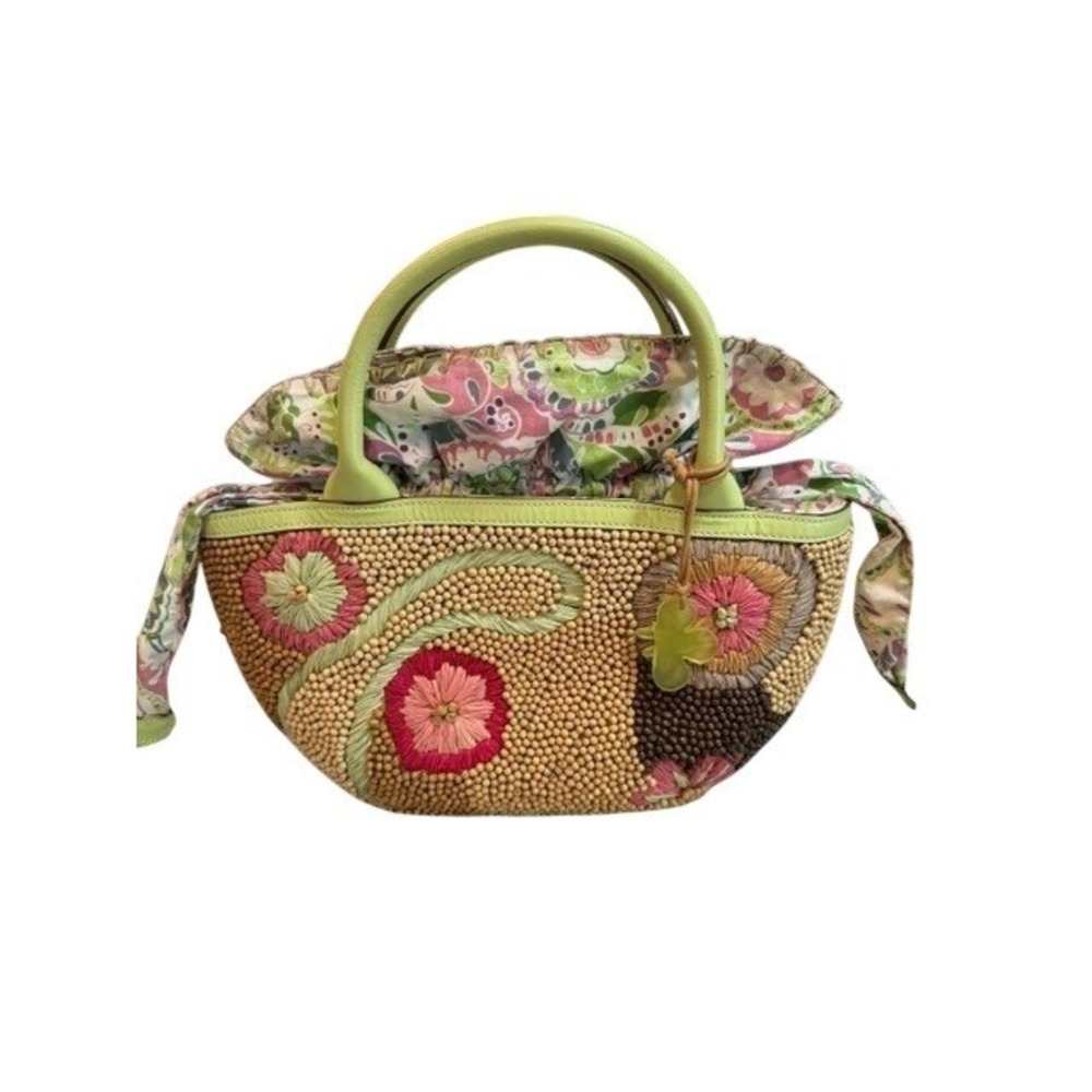 Sigrid Olsen Beaded‎ Straw Floral Handbag Lime Green Paisley Drawstring Bag EUC